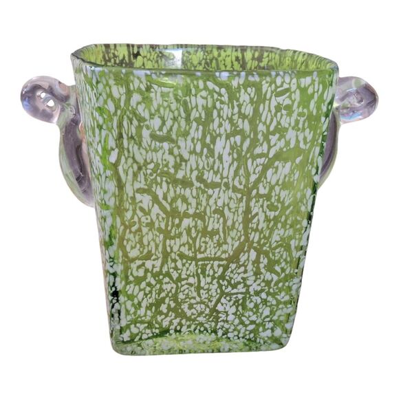 Mid Century Ice Bucket Crackle Art Glass Green Vase Mad Men Barware Vintage - Picture 3 of 10